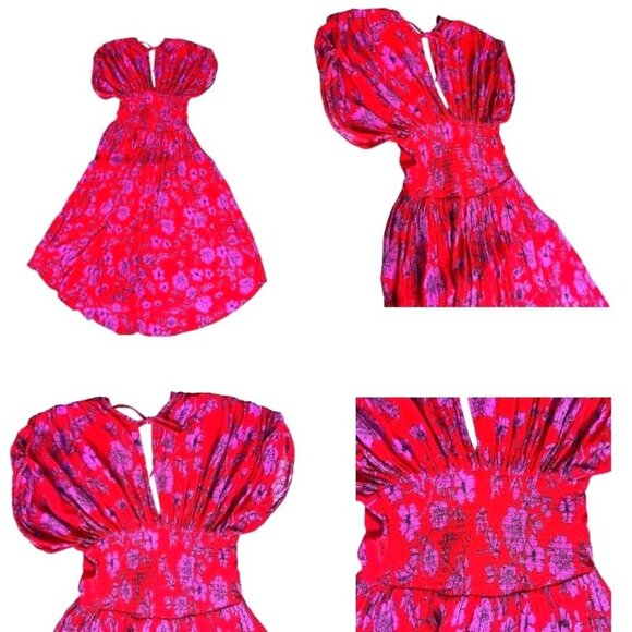 Band of Gypsies Hi Low Dress Small Red Pink Flowers Stretch Waist Festive READ - Picture 6 of 12